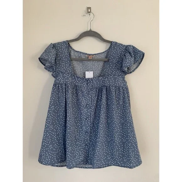 NWT Willow & Root Square Neck Blue/White Polka Dot Flutter Sleeve Blouse- Size M - Picture 5 of 10